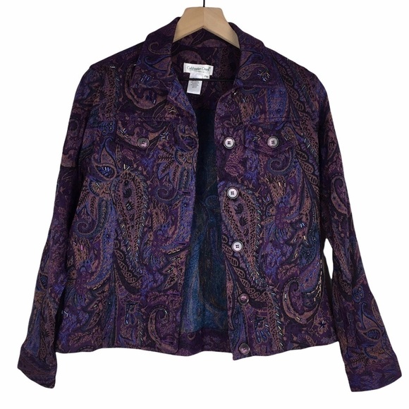 COLDWATER CREEK Jacket Woven Tapestry Beaded Paisley Floral Boho Petite Medium - Picture 2 of 10